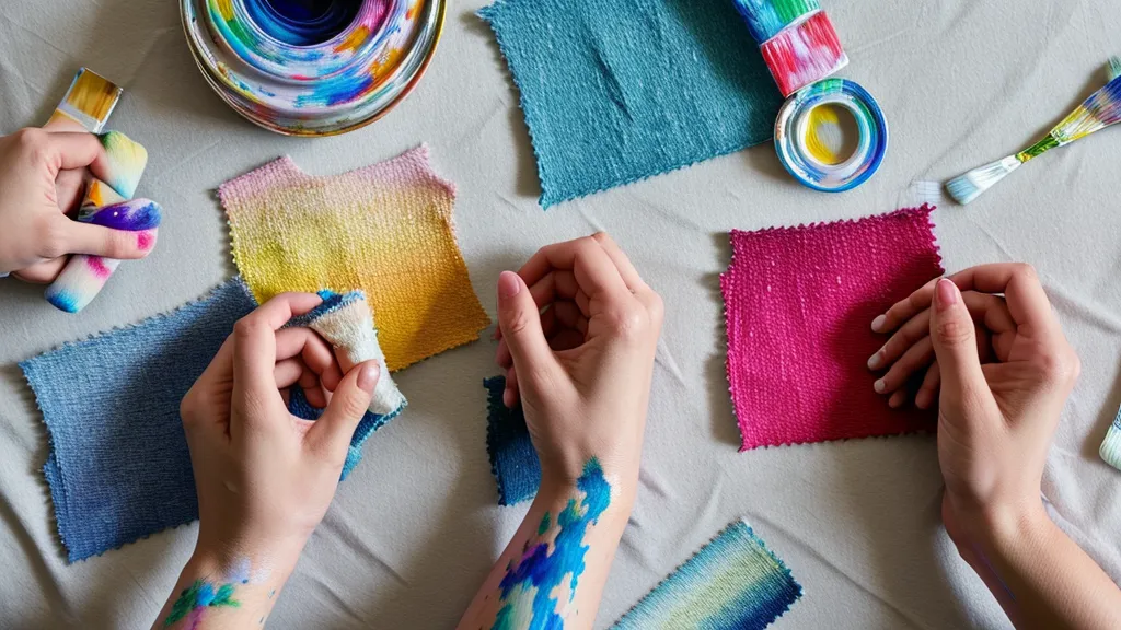 Manos sosteniendo muestras de tela y colores de pintura frente a una pared beige